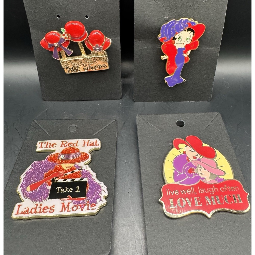 Lot Of 4 Red Hat Ladies Pins Hat Shoppe Movies Betty Boop